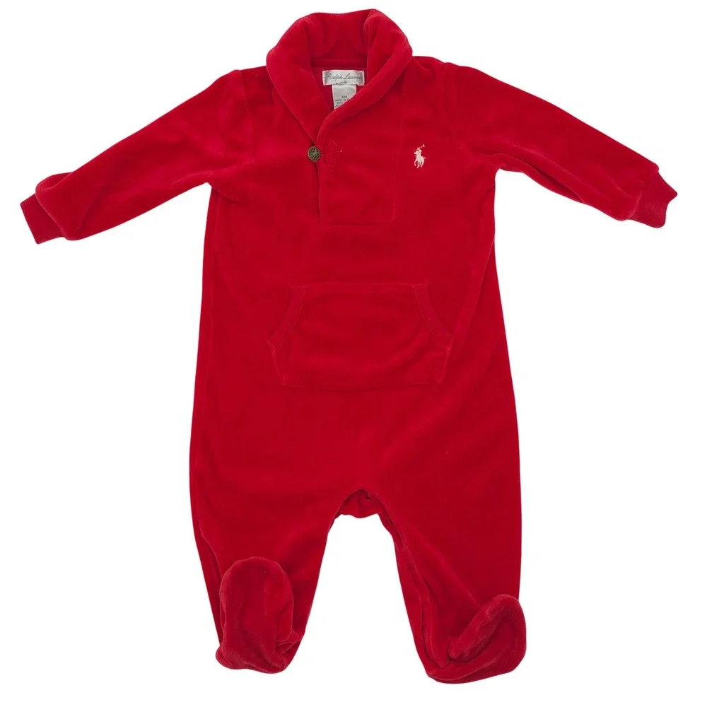 Ralph Lauren Footed Sleeper Baby Red Velour Shawl Collar Romper 6M‎